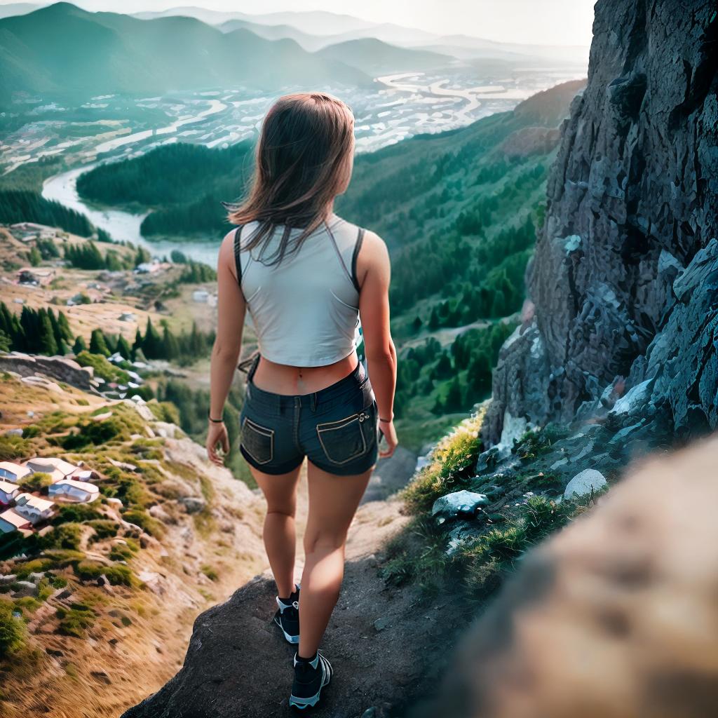  Girl climbing on the mountain, view from the side, you can see her whole body, summer, wearing shorts and a top. ,highly detailed, cinematic lighting, stunningly beautiful, intricate, sharp focus, f1. 8, 85mm, (centered image composition), (professionally color graded), ((bright soft diffused light)), volumetric fog, trending on instagram, trending on tumblr, HDR 4K, 8K