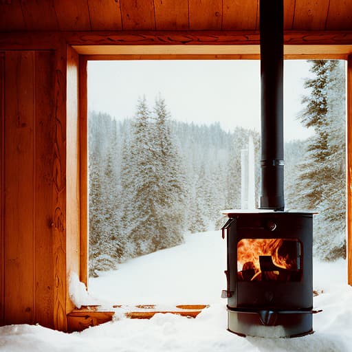 analog style "A large cozy wood stove in a wooden house, next to a window. Outside the window, you can see snow."