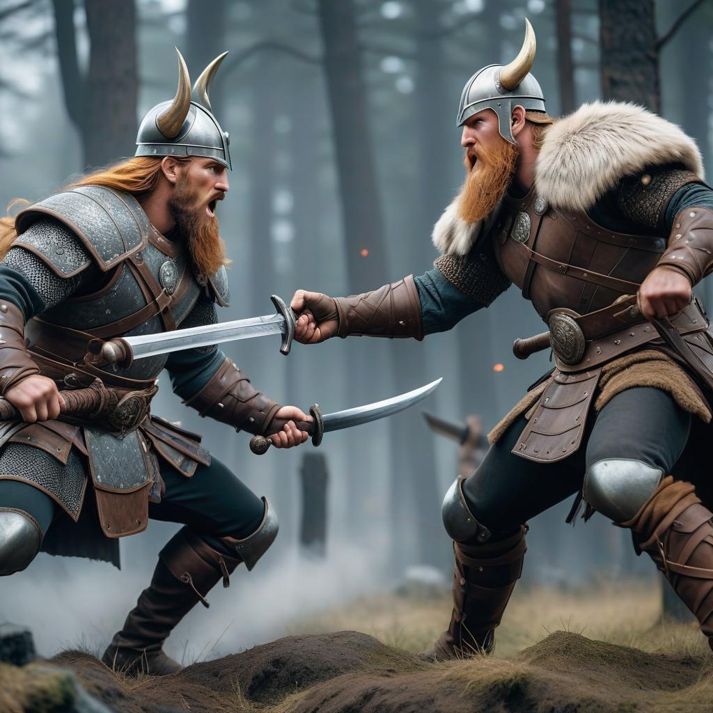  Two Viking warriors in metallic armor fight with swords. hyperrealistic, full body, detailed clothing, highly detailed, cinematic lighting, stunningly beautiful, intricate, sharp focus, f/1. 8, 85mm, (centered image composition), (professionally color graded), ((bright soft diffused light)), volumetric fog, trending on instagram, trending on tumblr, HDR 4K, 8K