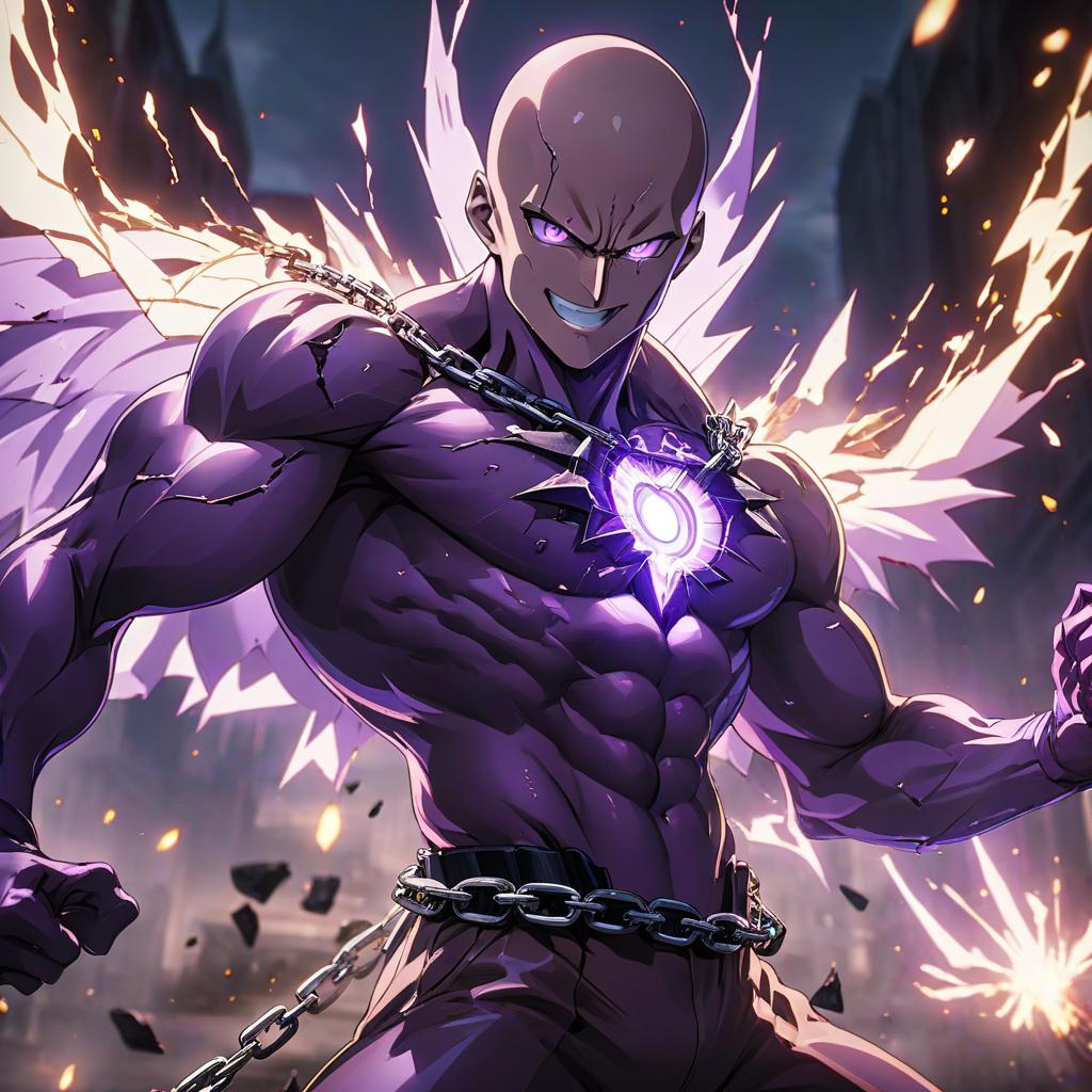  anime artwork a demon person surrounded by shattered gl, anime vfx, dark mode, in a cinematic wallpaper, anatomical drawing of saitama, redshift houdini, enter night, in, video game screenshot, ans, blast, animated, glowing purple eyes, key visual, flowing with dark power, large chain, from league of legends, very clear image, root, angry smile . anime style, key visual, vint, studio anime, highly detailed hyperrealistic, full body, detailed clothing, highly detailed, cinematic lighting, stunningly beautiful, intricate, sharp focus, f/1. 8, 85mm, (centered image composition), (professionally color graded), ((bright soft diffused light)), volumetric fog, trending on instagram, trending on tumblr, HDR 4K, 8K