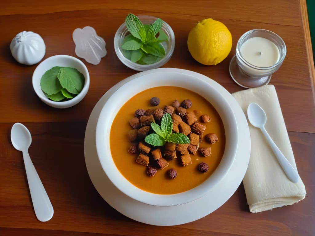  An ultradetailed image of a rustic wooden table set with an elegant white porcelain bowl filled with creamy natilla colombiana, topped with a sprinkle of cinnamon and adorned with a few fresh mint leaves. The soft glow of natural light filters through a nearby window, casting a gentle shadow of the bowl on the table, creating a serene and inviting scene that perfectly captures the essence of traditional Colombian cuisine. hyperrealistic, full body, detailed clothing, highly detailed, cinematic lighting, stunningly beautiful, intricate, sharp focus, f/1. 8, 85mm, (centered image composition), (professionally color graded), ((bright soft diffused light)), volumetric fog, trending on instagram, trending on tumblr, HDR 4K, 8K