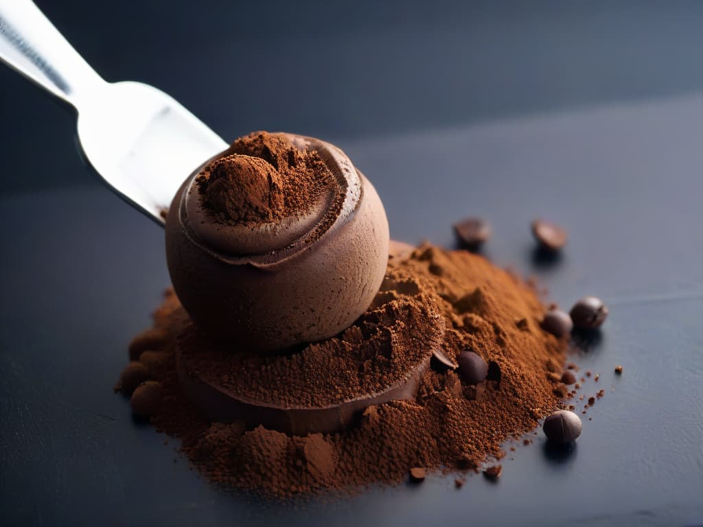  An intricately designed, minimalist image featuring a closeup of a delicate chocolate truffle being dusted with ethically sourced cocoa powder, set against a stark white background to emphasize the purity and quality of the Fair Trade ingredients being used in the pastry industry. The focus is on the fine details of the truffle's smooth, glossy surface, with tiny specks of cocoa powder gently falling onto its surface, creating a visually captivating and inspiring scene that highlights the elegance of incorporating Fair Trade ingredients into pastry creations. hyperrealistic, full body, detailed clothing, highly detailed, cinematic lighting, stunningly beautiful, intricate, sharp focus, f/1. 8, 85mm, (centered image composition), (professionally color graded), ((bright soft diffused light)), volumetric fog, trending on instagram, trending on tumblr, HDR 4K, 8K