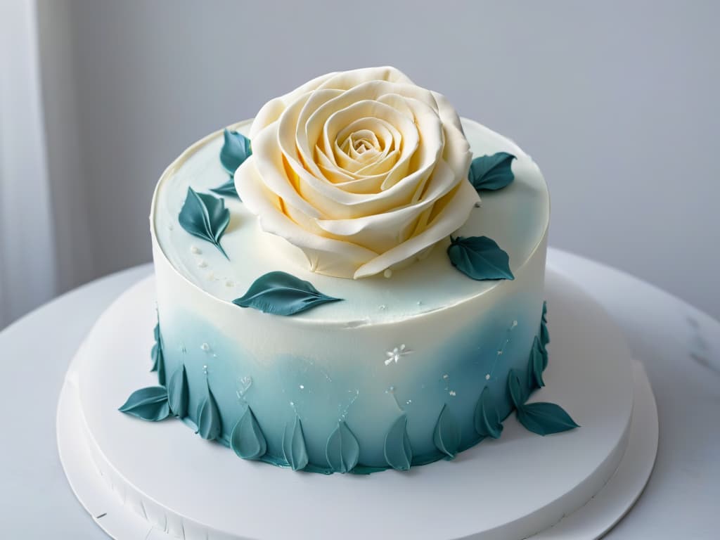  A closeup, ultradetailed image of a perfectly sculpted fondant rose delicately placed on top of a decadent threetiered wedding cake. The intricate layers of the petal, the subtle gradient in color, and the glistening sheen of the fondant create a mesmerizing focal point. The background is blurred, emphasizing the flawless craftsmanship of the rose and the elegance of the overall design. hyperrealistic, full body, detailed clothing, highly detailed, cinematic lighting, stunningly beautiful, intricate, sharp focus, f/1. 8, 85mm, (centered image composition), (professionally color graded), ((bright soft diffused light)), volumetric fog, trending on instagram, trending on tumblr, HDR 4K, 8K