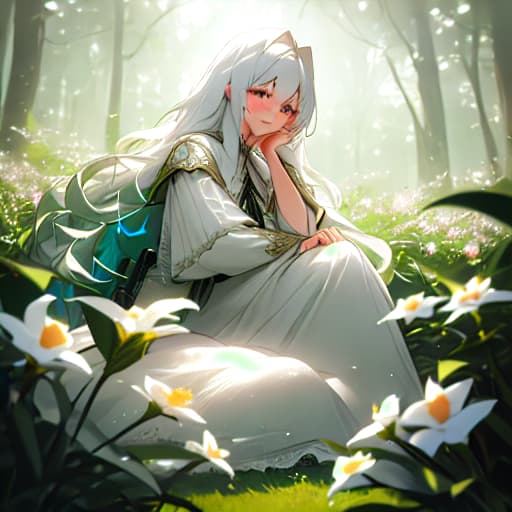  (masterpiece, best quality),1girl with long white hair sitting in a field of green plants and flowers, her hand under her chin, warm lighting, white dress, blurry foreground hyperrealistic, full body, detailed clothing, highly detailed, cinematic lighting, stunningly beautiful, intricate, sharp focus, f/1. 8, 85mm, (centered image composition), (professionally color graded), ((bright soft diffused light)), volumetric fog, trending on instagram, trending on tumblr, HDR 4K, 8K