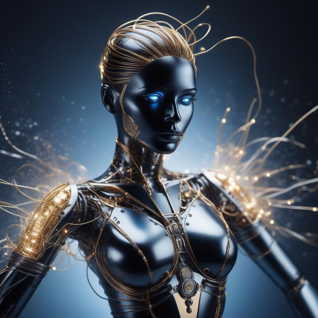  The girl robot of the future, the luminous wires in the move from the head hang, sticking out, dances, splashes of white black gold blue explodes, glows.Style art