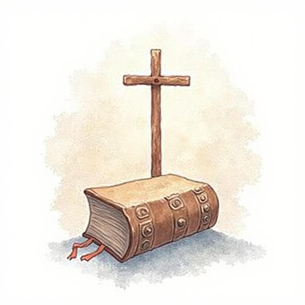  good quality, high quality, watercolor illustration of holy bible with cross on cover, white background