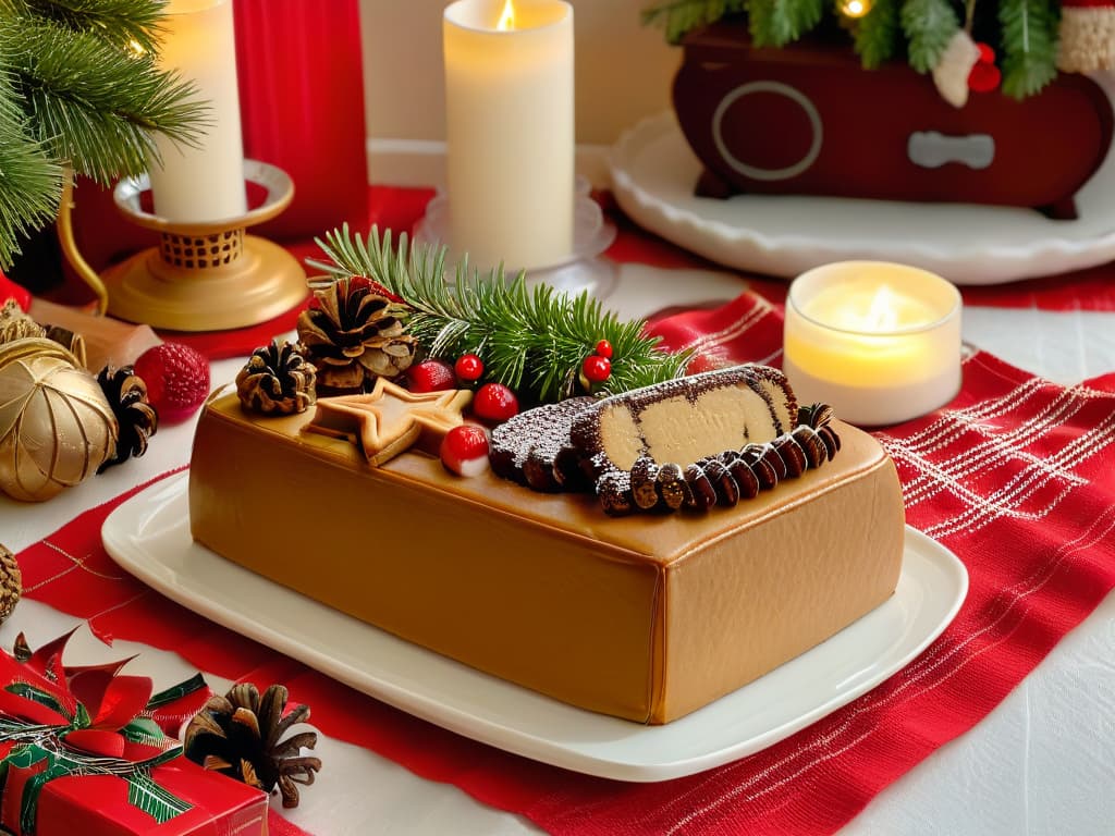  A highly detailed image of a festive Christmas table setting with an assortment of traditional holiday desserts like gingerbread cookies, fruitcake, yule log, and candy canes elegantly arranged on decorative plates. The table is adorned with twinkling fairy lights, pine cones, and sprigs of holly, creating a warm and inviting holiday ambiance. hyperrealistic, full body, detailed clothing, highly detailed, cinematic lighting, stunningly beautiful, intricate, sharp focus, f/1. 8, 85mm, (centered image composition), (professionally color graded), ((bright soft diffused light)), volumetric fog, trending on instagram, trending on tumblr, HDR 4K, 8K