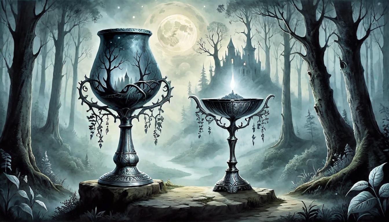  on parchment, surrealism+++, Ancient stone chalice held aloft in a mystical forest, moonlight pouring into it like liquid silver, Forest with enchanted, towering trees, Veil of mist, Whisper of secrets, silver moonlit(mysterious, provocative, symbolic,muted color)+++