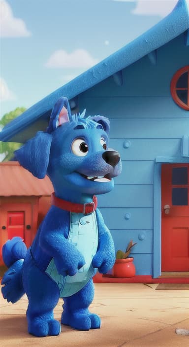  {Max the big blue dog standing in front of a cozy little house with a red door, The big blue dog is large with sky blue fur, big round eyes, a black nose, and floppy ears.