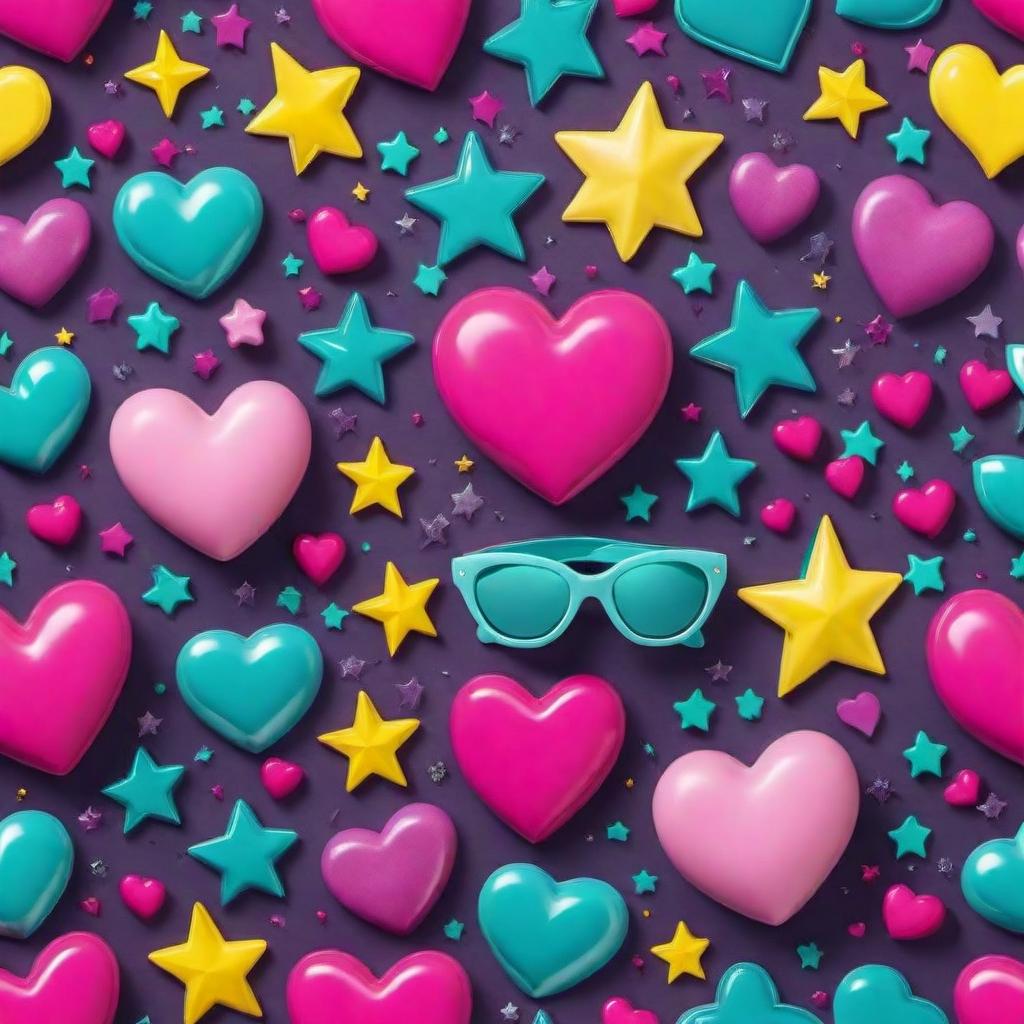  A vint pop art style pattern designed for age s, rendered in 3D to give the impression that it is popping right out of the screen. Bold, bright colors such as pink, teal, yellow, and purple should dominate the pattern. Include fun and trendy elements like hearts, stars, lips, lightning bolts, and cute emojis, all appearing to leap off the surface. The overall vibe should be energetic and , appealing to young, trendy customers. hyperrealistic, full body, detailed clothing, highly detailed, cinematic lighting, stunningly beautiful, intricate, sharp focus, f/1. 8, 85mm, (centered image composition), (professionally color graded), ((bright soft diffused light)), volumetric fog, trending on instagram, trending on tumblr, HDR 4K, 8K