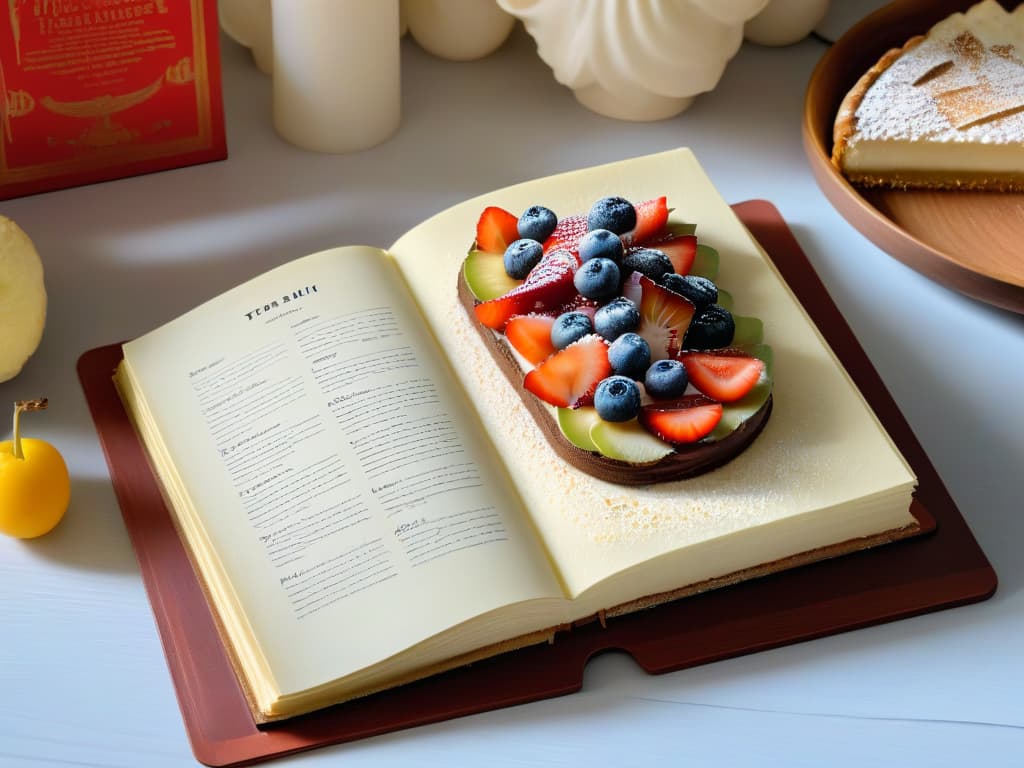  A highresolution image of a vintage, wellloved recipe book open to a page filled with handwritten notes and splatters of ingredients, showcasing classic dessert recipes like tiramisu, crème brûlée, and fruit tarts. The page is illuminated by a soft, warm light, emphasizing the nostalgia and timelessness of these traditional treats. hyperrealistic, full body, detailed clothing, highly detailed, cinematic lighting, stunningly beautiful, intricate, sharp focus, f/1. 8, 85mm, (centered image composition), (professionally color graded), ((bright soft diffused light)), volumetric fog, trending on instagram, trending on tumblr, HDR 4K, 8K