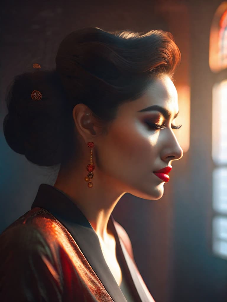  ch, 1girl, solo, closed eyes, black hair, profile, makeup, red lips, short hair, lipstick, simple background, lips, flat color, closed mouth hyperrealistic, full body, detailed clothing, highly detailed, cinematic lighting, stunningly beautiful, intricate, sharp focus, f/1. 8, 85mm, (centered image composition), (professionally color graded), ((bright soft diffused light)), volumetric fog, trending on instagram, trending on tumblr, HDR 4K, 8K