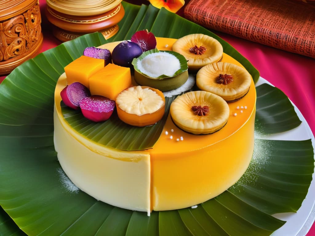  A photorealistic image of a colorful array of traditional Filipino sweets displayed on banana leaves, including bibingka, puto, sapinsapin, and leche flan. The desserts are intricately garnished with coconut shavings, purple yam, and caramelized sugar, set against a backdrop of woven nipa hut walls and vibrant tropical flowers. The lighting captures the textures and vibrant colors, exuding a warm and inviting atmosphere that evokes the rich culinary heritage of the Philippines. hyperrealistic, full body, detailed clothing, highly detailed, cinematic lighting, stunningly beautiful, intricate, sharp focus, f/1. 8, 85mm, (centered image composition), (professionally color graded), ((bright soft diffused light)), volumetric fog, trending on instagram, trending on tumblr, HDR 4K, 8K