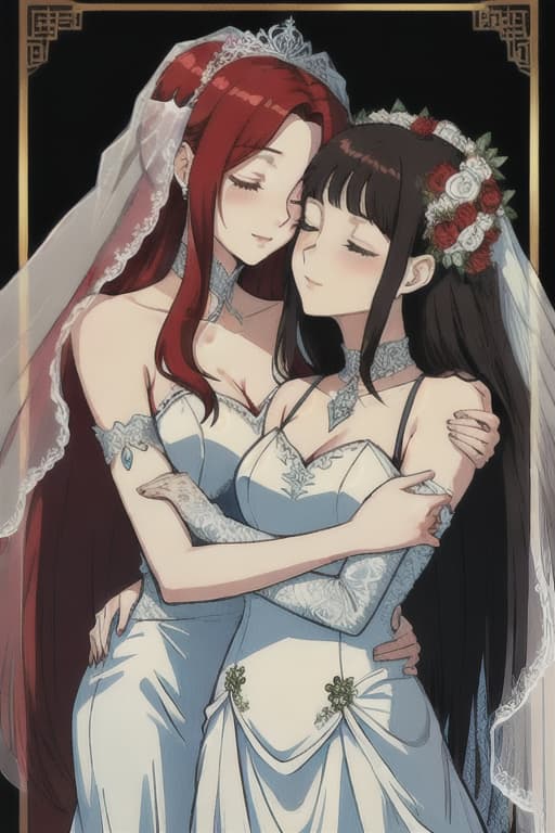  (Masterpiece, highest quality), (((red short -haired bride & bride of long -haired long hair))) 1.5, ((hugging, hugging, kissing your fingers with your eyes closed and entangled)), (Connect Cheek to Cheek), ((Wedding between brides, wedding dress)), smile