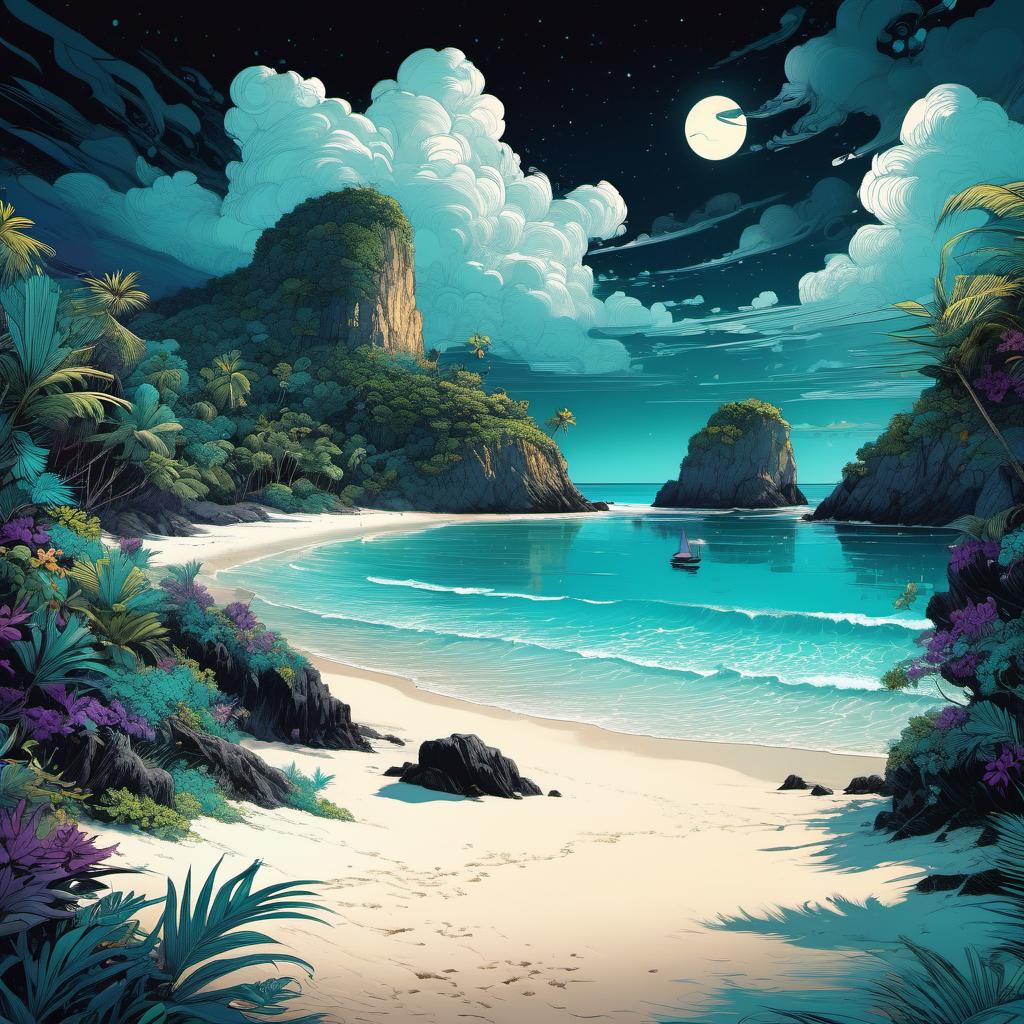  Tropical beach, turquoise water, white sand, clouds, dark perple colors, by Nicolas Delort and Victo Ngai, vivid, highly detailed, hand-drawn, combined with digital art, night, whimsical, (enchanting atmosphere:1.1), warm lighting , depth of field, Wacom Cintiq, Adobe Photoshop, 300 DPI, (hdr:1.2)