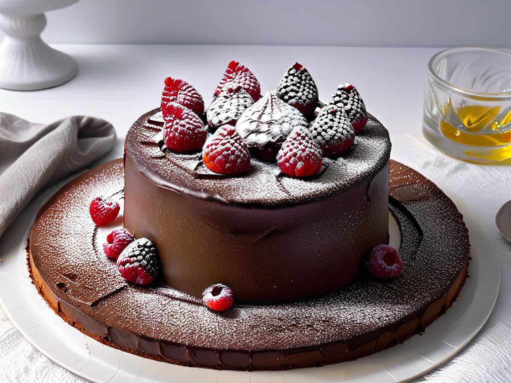  A closeup, ultradetailed image of a decadent flourless chocolate cake topped with fresh raspberries and a dusting of powdered sugar, presented on a sleek, modern white plate. The rich, glossy texture of the cake contrasts beautifully with the vibrant red berries, creating a visually stunning and mouthwatering minimalist composition. hyperrealistic, full body, detailed clothing, highly detailed, cinematic lighting, stunningly beautiful, intricate, sharp focus, f/1. 8, 85mm, (centered image composition), (professionally color graded), ((bright soft diffused light)), volumetric fog, trending on instagram, trending on tumblr, HDR 4K, 8K