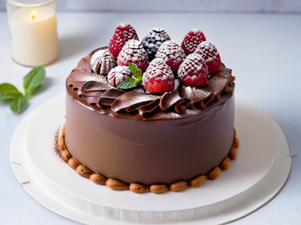  A closeup, ultradetailed image of a vegan chocolate cake with rich, glossy frosting made from avocado and topped with fresh raspberries and mint leaves. The cake sits on a sleek, modern white plate, showcasing its decadent texture and elegant presentation. The vibrant colors and intricate details of the dessert highlight the artistry and creativity involved in vegan baking, enticing readers to explore innovative techniques in plantbased pastry making. hyperrealistic, full body, detailed clothing, highly detailed, cinematic lighting, stunningly beautiful, intricate, sharp focus, f/1. 8, 85mm, (centered image composition), (professionally color graded), ((bright soft diffused light)), volumetric fog, trending on instagram, trending on tumblr, HDR 4K, 8K