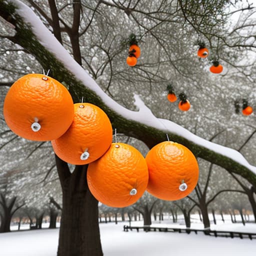  Group of oranges hanging from a tree in the snow