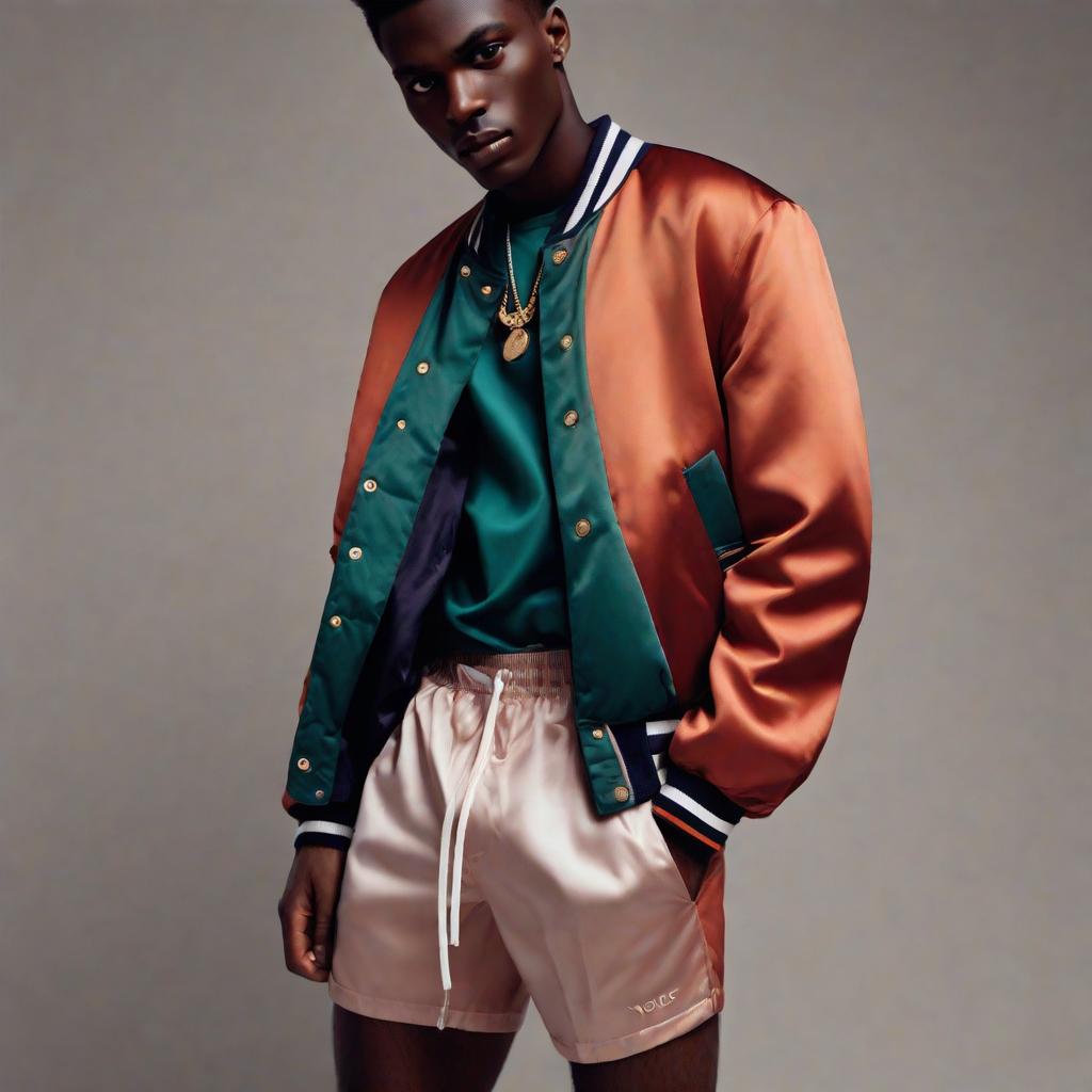  a colored photo of a man in a college jacket, teaser, loosely cropped, bite, thighs close up, for vogue, dark skinned, pockets, very low contrast, silky garment, instagram model