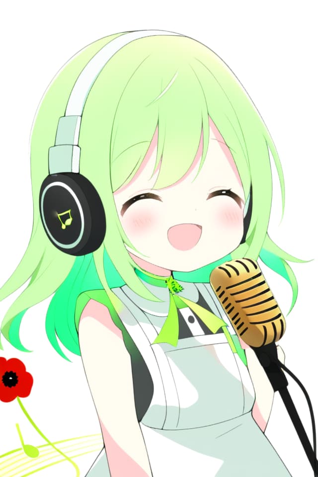  A cute ilration of a young with bright neon green hair (color code #b3fb33),singing into a microphone. She is wearing headphones,with a cheerful and adorable expression. The background should be simple,music themed,ensuring the character stands out. The overall ambiance is bright,poppy,and youthful c 3 niji 6 ar 1:1