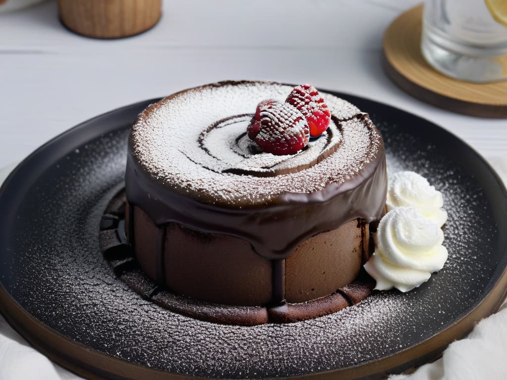  A closeup, ultradetailed image of a perfectly crafted glutenfree chocolate lava cake on a sleek, matte black plate. The cake is oozing a rich, decadent chocolate filling, with a dusting of powdered sugar on top and a single fresh raspberry delicately placed beside it. The background is softly blurred to keep the focus solely on the exquisite dessert, showcasing its glossy texture and tempting presentation. hyperrealistic, full body, detailed clothing, highly detailed, cinematic lighting, stunningly beautiful, intricate, sharp focus, f/1. 8, 85mm, (centered image composition), (professionally color graded), ((bright soft diffused light)), volumetric fog, trending on instagram, trending on tumblr, HDR 4K, 8K