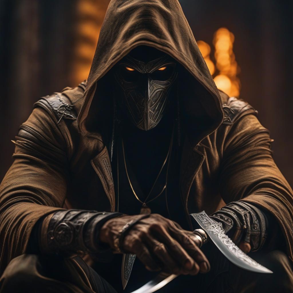  A sandy assassin demon holds a knife with both hands, in close up, under a hood, the face is dark and not visible. hyperrealistic, full body, detailed clothing, highly detailed, cinematic lighting, stunningly beautiful, intricate, sharp focus, f/1. 8, 85mm, (centered image composition), (professionally color graded), ((bright soft diffused light)), volumetric fog, trending on instagram, trending on tumblr, HDR 4K, 8K