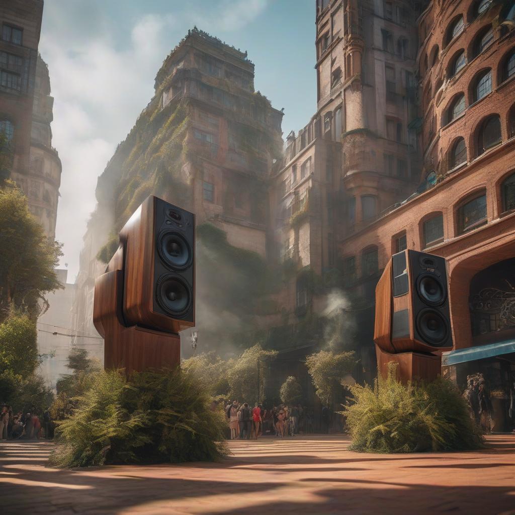  Giant speakers in a megalopolis are an abstraction hyperrealistic, full body, detailed clothing, highly detailed, cinematic lighting, stunningly beautiful, intricate, sharp focus, f/1. 8, 85mm, (centered image composition), (professionally color graded), ((bright soft diffused light)), volumetric fog, trending on instagram, trending on tumblr, HDR 4K, 8K