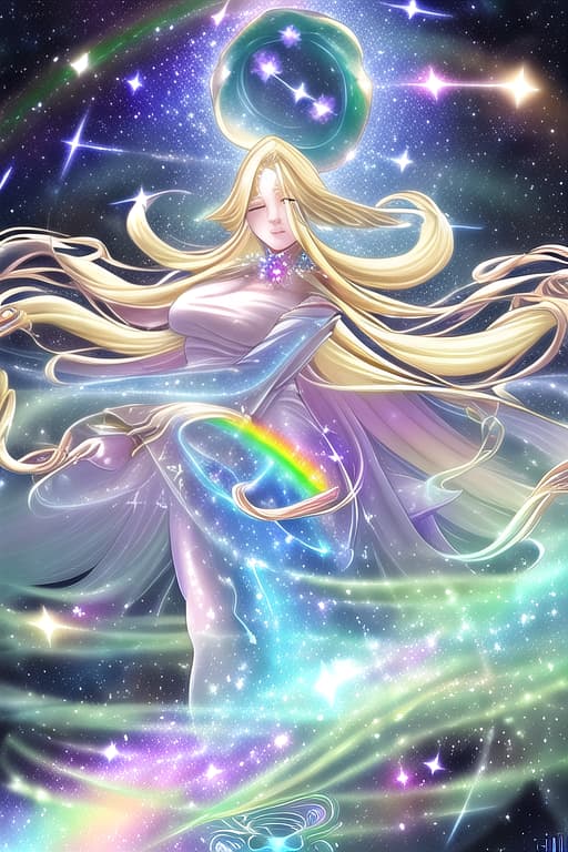  in a celestial realm adorned with swirling galaxies and shimmering stars with pastel rainbow hues, Archeia Astraea’s radiant face with her long blonde hair flowing. Behind her, the vast expanse of the universe stretches infinitely, symbolizing his connection to the cosmic forces that govern the ebb and flow of existence, portrait, magical, sparkles, fantasy, highly detailed, digital painting, artstation