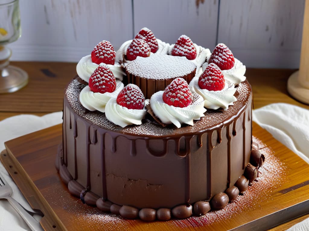  A closeup, photorealistic image of a decadent triplelayer chocolate cake with ganache dripping down the sides, topped with fresh raspberries and a dusting of powdered sugar. The cake sits on a rustic wooden table, with a few scattered cocoa beans and sprigs of mint around it, conveying a sense of indulgence and homemade goodness. The lighting is warm and inviting, highlighting the glossy texture of the ganache and the vibrant red of the raspberries. hyperrealistic, full body, detailed clothing, highly detailed, cinematic lighting, stunningly beautiful, intricate, sharp focus, f/1. 8, 85mm, (centered image composition), (professionally color graded), ((bright soft diffused light)), volumetric fog, trending on instagram, trending on tumblr, HDR 4K, 8K