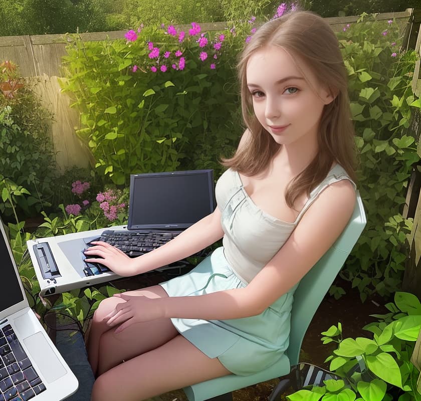  Beautiful girl sits working on the computer in the garden