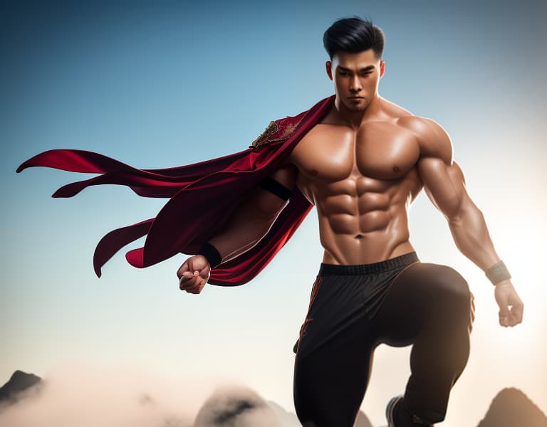  health, muscle, freedom, Chinese beautiful boy, flying， body，chest hair hyperrealistic, full body, detailed clothing, highly detailed, cinematic lighting, stunningly beautiful, intricate, sharp focus, f/1. 8, 85mm, (centered image composition), (professionally color graded), ((bright soft diffused light)), volumetric fog, trending on instagram, trending on tumblr, HDR 4K, 8K