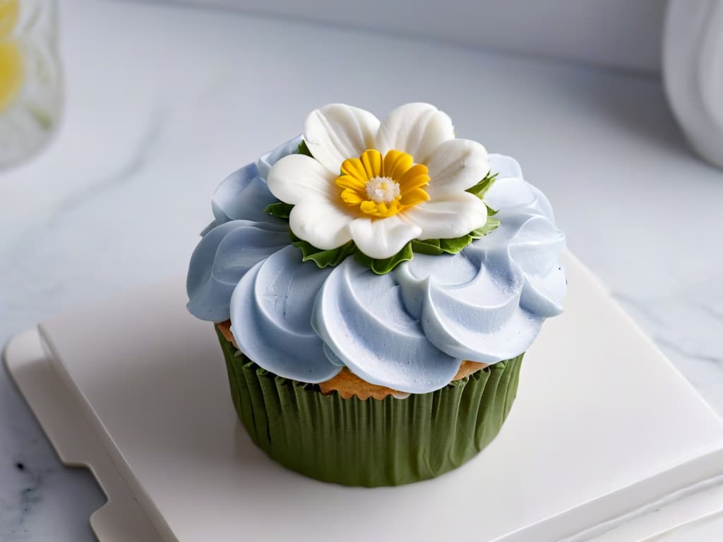  An ultradetailed closeup image of a glossy, perfectly frosted cupcake topped with a delicate edible flower, captured from a slightly elevated angle to showcase the intricate details of the frosting swirls and the petal structure of the flower. The cupcake sits on a sleek, marble countertop with soft, diffused natural light illuminating it, creating a minimalist yet captivating visual that embodies the essence of modern pastry artistry. hyperrealistic, full body, detailed clothing, highly detailed, cinematic lighting, stunningly beautiful, intricate, sharp focus, f/1. 8, 85mm, (centered image composition), (professionally color graded), ((bright soft diffused light)), volumetric fog, trending on instagram, trending on tumblr, HDR 4K, 8K