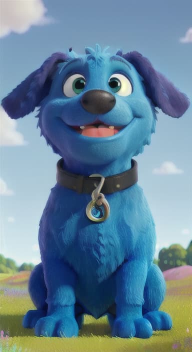  {A happy, big blue dog wagging its tail in a colorful meadow, The big blue dog is large with sky blue fur, big round eyes, a black nose, and floppy ears.