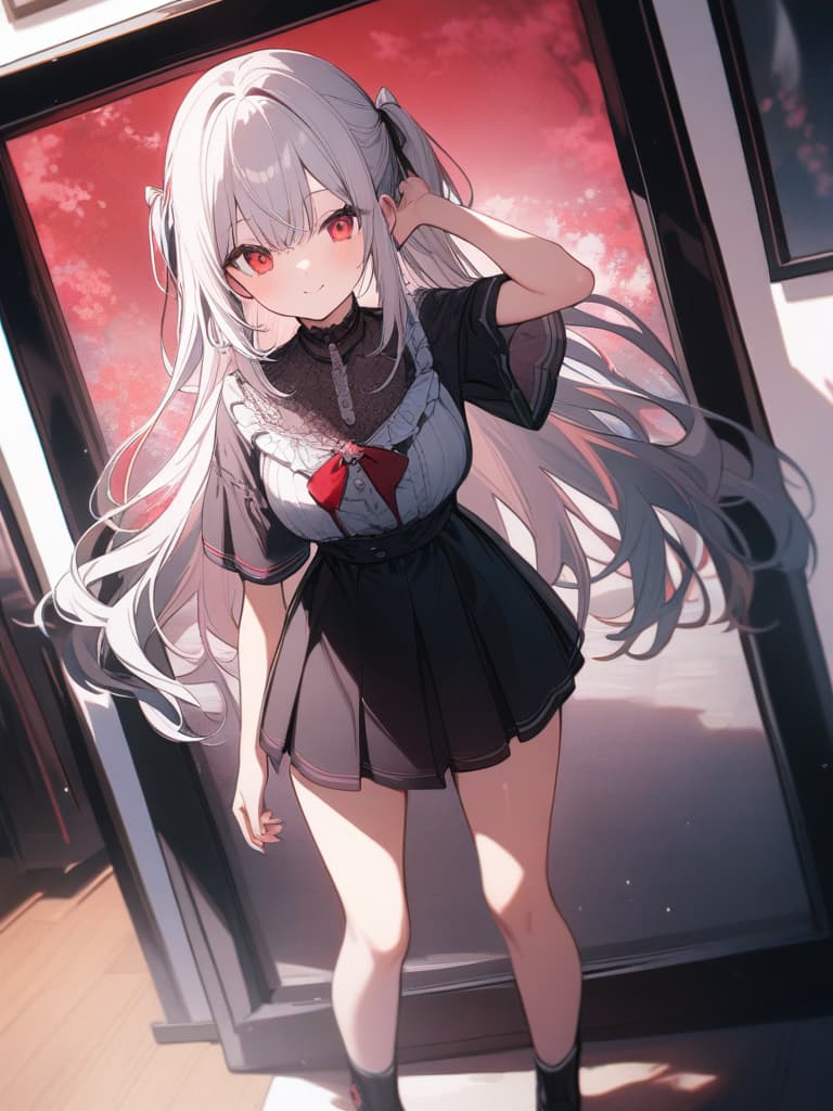  1 Girl, solo, white hair, dark pink, gradation, twosideup, long hair, smile, whole body, standing picture, red eyes, sauce pink, cute, masterpiece, best quality,8k,ultra detailed,high resolution,an extremely delicate and beautiful,hyper detail