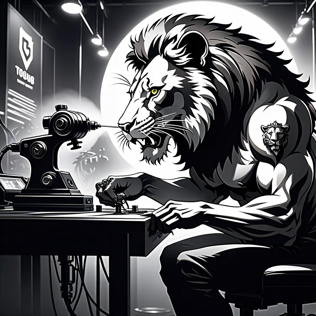  silhouette style drawing, animal lion holding a tattoo machine in its paws, making a tattoo, brutal, black and white graffiti . high contrast, minimalistic, black and white, stark, dramatic hyperrealistic, full body, detailed clothing, highly detailed, cinematic lighting, stunningly beautiful, intricate, sharp focus, f/1. 8, 85mm, (centered image composition), (professionally color graded), ((bright soft diffused light)), volumetric fog, trending on instagram, trending on tumblr, HDR 4K, 8K