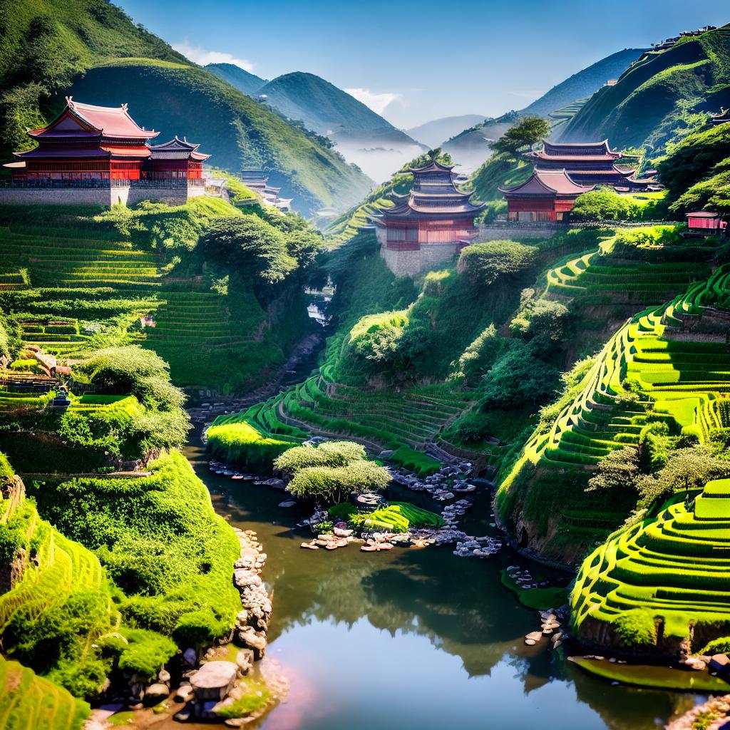  Experience the magic of Linkou, Taiwan through this watercolor masterpiece with the best quality, 8k resolution, and high detailed. A peaceful countryside scene unfolds with terraced rice fields, misty mountains, a traditional wooden house nestled amidst cherry blossom trees, a winding path leading to an ancient stone bridge, and a flock of playful birds soaring in the clear blue sky. hyperrealistic, full body, detailed clothing, highly detailed, cinematic lighting, stunningly beautiful, intricate, sharp focus, f/1. 8, 85mm, (centered image composition), (professionally color graded), ((bright soft diffused light)), volumetric fog, trending on instagram, trending on tumblr, HDR 4K, 8K