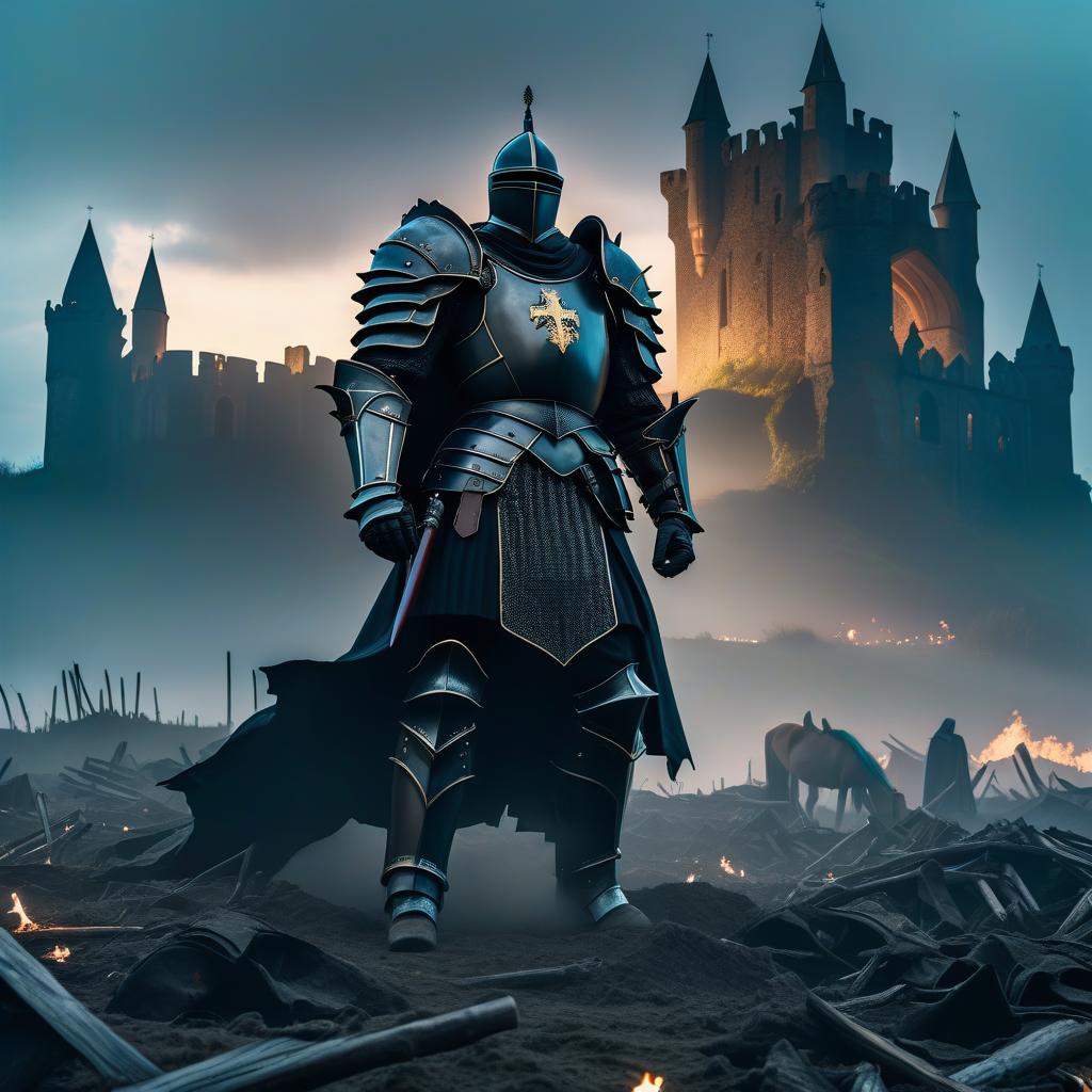  macabre style Background: Ruins of a large Gothic medieval castle in a field. The field is covered with fallen knights. In the middle of the scene, against the backdrop of the ruined castle, a black knight is walking with a black suit of armor and a black helmet, his gaze downward. Night in the twilight. . dark, gothic, grim, haunting, highly detailed hyperrealistic, full body, detailed clothing, highly detailed, cinematic lighting, stunningly beautiful, intricate, sharp focus, f/1. 8, 85mm, (centered image composition), (professionally color graded), ((bright soft diffused light)), volumetric fog, trending on instagram, trending on tumblr, HDR 4K, 8K