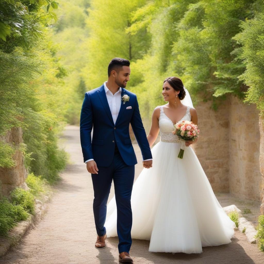  Wedding photography session, outdoor portrait of {the bride and [subject] as the groom,[subject] as the bride and the groom} in a beautiful natural surrounding, bride and groom are very happy, romantic photo taken by a professional wedding photographer with a Canon RS Mark II, romantic lighting mood on a sunny day