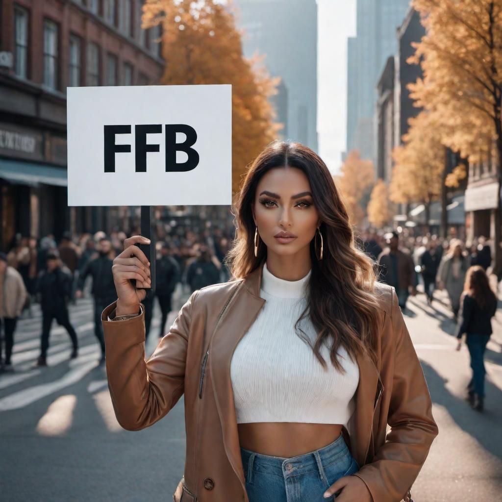  An image of several girls holding a sign that says 'FFB' on top in bold letters. hyperrealistic, full body, detailed clothing, highly detailed, cinematic lighting, stunningly beautiful, intricate, sharp focus, f/1. 8, 85mm, (centered image composition), (professionally color graded), ((bright soft diffused light)), volumetric fog, trending on instagram, trending on tumblr, HDR 4K, 8K