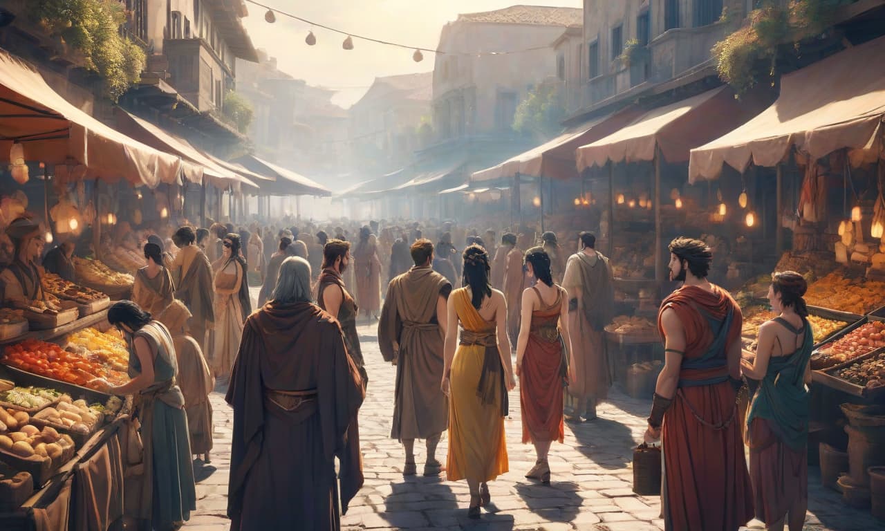  anime artwork Ancient Greeks on a marketplace. . anime style, key visual, vibrant, studio anime, highly detailed hyperrealistic, full body, detailed clothing, highly detailed, cinematic lighting, stunningly beautiful, intricate, sharp focus, f/1. 8, 85mm, (centered image composition), (professionally color graded), ((bright soft diffused light)), volumetric fog, trending on instagram, trending on tumblr, HDR 4K, 8K