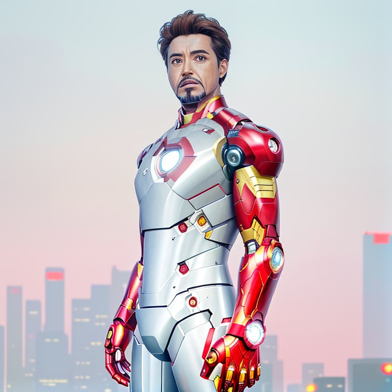  masterpiece, best quality, masterpiece, 8k resolution, realistic, highly detailed, Iron Man close up. He stands on a street lined with tall buildings in a cyberpunk style city at night. The city's night lights are bright, and the surrounding buildings and streets are full of cyberpunk elements such as neon lights, high tech equipment and futuristic architectural design.