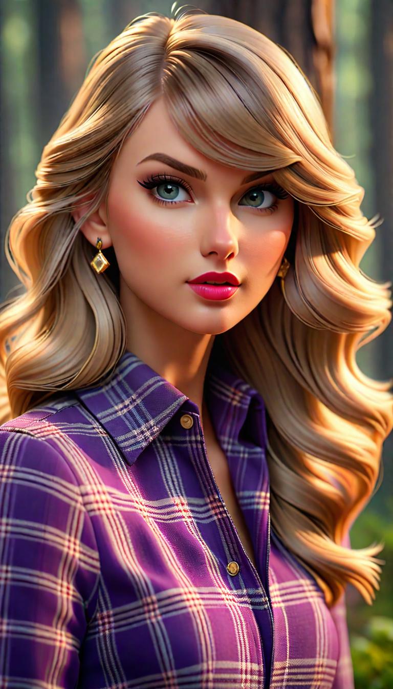  Professional 3D model of Taylor Swift wearing purple plaid . Rendered with Octane, the model is highly detailed,dramatic lighting. hyperrealistic, full body, detailed clothing, highly detailed, cinematic lighting, stunningly beautiful, intricate, sharp focus, f/1. 8, 85mm, (centered image composition), (professionally color graded), ((bright soft diffused light)), volumetric fog, trending on instagram, trending on tumblr, HDR 4K, 8K