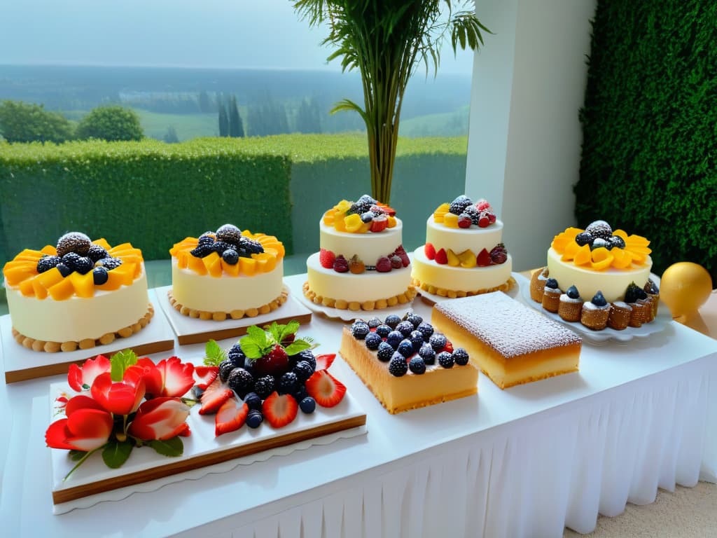  An ultradetailed photorealistic image of a beautifully arranged dessert table filled with a variety of decadent sweets like cakes, pastries, and fruit tarts. The desserts are garnished with fresh berries, mint leaves, and edible flowers, and the table is elegantly set with fine china and crystal glassware. Soft natural light filters through a nearby window, casting a warm glow over the scene and highlighting the intricate details of the desserts. The overall aesthetic is sophisticated and enticing, appealing to the reader's desire for healthy yet delicious sweet treats. hyperrealistic, full body, detailed clothing, highly detailed, cinematic lighting, stunningly beautiful, intricate, sharp focus, f/1. 8, 85mm, (centered image composition), (professionally color graded), ((bright soft diffused light)), volumetric fog, trending on instagram, trending on tumblr, HDR 4K, 8K