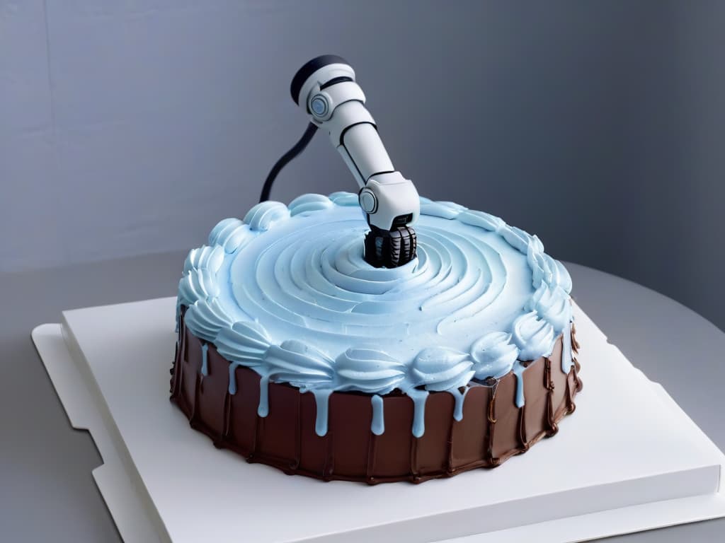  An ultradetailed closeup image of a sleek, futuristic robotic arm delicately piping intricate designs on a miniature, perfectly frosted cake. The robotic arm, shining with metallic silver and soft LED lights, moves with precision and grace, creating a mesmerizing swirl of vibrant colors on the cake's surface. The background is blurred, emphasizing the advanced technology and artistry merging seamlessly in the field of pastry innovation. hyperrealistic, full body, detailed clothing, highly detailed, cinematic lighting, stunningly beautiful, intricate, sharp focus, f/1. 8, 85mm, (centered image composition), (professionally color graded), ((bright soft diffused light)), volumetric fog, trending on instagram, trending on tumblr, HDR 4K, 8K