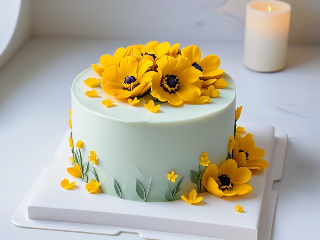  An ultradetailed, minimalist illustration of a perfectly frosted cake adorned with delicate edible flowers and elegant piping work, displayed on a sleek, marble countertop with soft, natural lighting casting gentle shadows. The cake is a work of art, showcasing precision and skill, embodying the essence of success in the world of themed pastry products. hyperrealistic, full body, detailed clothing, highly detailed, cinematic lighting, stunningly beautiful, intricate, sharp focus, f/1. 8, 85mm, (centered image composition), (professionally color graded), ((bright soft diffused light)), volumetric fog, trending on instagram, trending on tumblr, HDR 4K, 8K