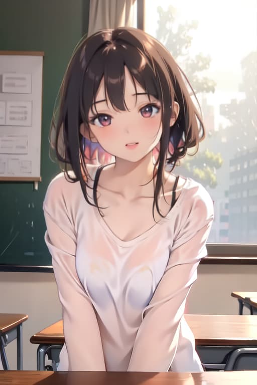  Masterpiece, 1girl, parted lips, blush, makeup, light smile, uniform, classroom, light rays, glow,, collarbone, narrow waist, (masterpiece), wallpaper, sheer shirt, uncensored,bent over table showing round