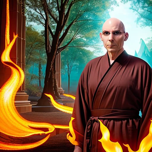  evil bald man in robes in front of a fiery portal