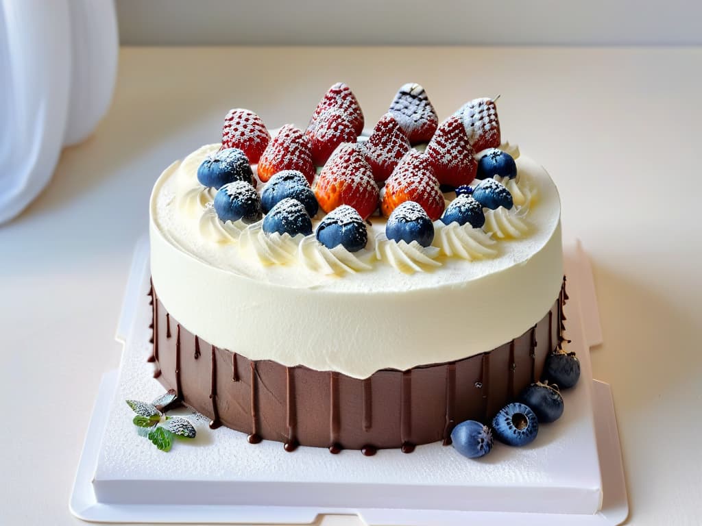  An ultradetailed image of a perfectly layered chocolate cake topped with a delicate swirl of fluffy white frosting, surrounded by fresh strawberries and blueberries on a sleek, modern white marble cake stand. The cake is elegantly garnished with mint leaves and a light dusting of powdered sugar, creating a visually stunning and appetizing centerpiece. hyperrealistic, full body, detailed clothing, highly detailed, cinematic lighting, stunningly beautiful, intricate, sharp focus, f/1. 8, 85mm, (centered image composition), (professionally color graded), ((bright soft diffused light)), volumetric fog, trending on instagram, trending on tumblr, HDR 4K, 8K