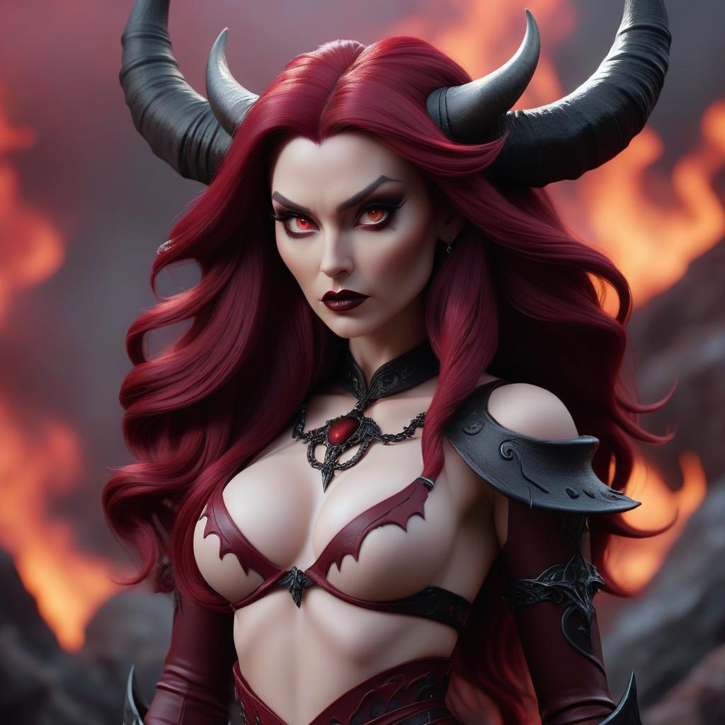  Lilith is a demon with black horns, burgundy long hair, against the backdrop of hell. hyperrealistic, full body, detailed clothing, highly detailed, cinematic lighting, stunningly beautiful, intricate, sharp focus, f/1. 8, 85mm, (centered image composition), (professionally color graded), ((bright soft diffused light)), volumetric fog, trending on instagram, trending on tumblr, HDR 4K, 8K