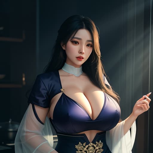  Masterpiece, ultra HD, 1girl, buxom Asian witch, big bosom, wear low cut v-neck, curvy body, cooking potion, wear transparent fabrics, wear translucent fabric, detailed hands, detailed fingers, detailed eyes, hyper realistic, highly detailed, centered , hyperrealistic, high quality, highly detailed, cinematic lighting, intricate, sharp focus, f/1. 8, 85mm, (centered image composition), (professionally color graded), ((bright soft diffused light)), volumetric fog, trending on instagram, HDR 4K, 8K